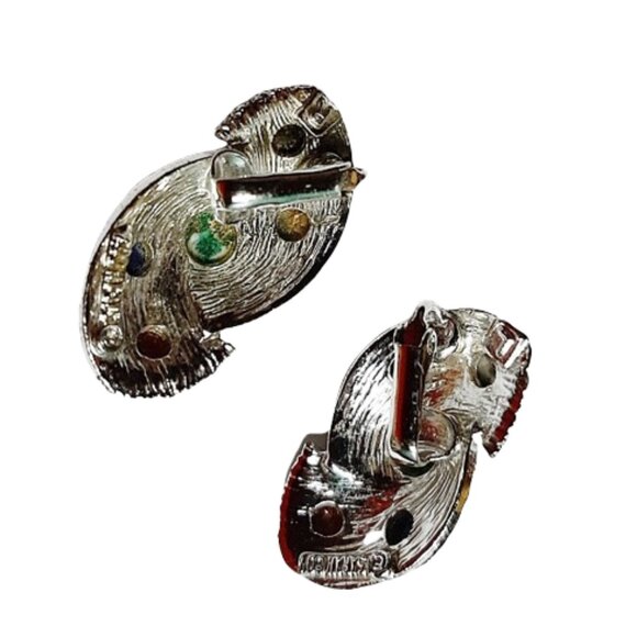 1960s Vintage Large Silver Textured Earrings With Faux Gem Stones Clip Style - Picture 3 of 4